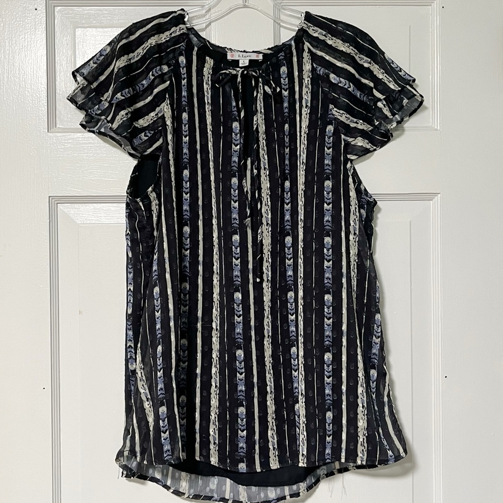 L Love Feminine short flutter sleeves striped lined tie-neck loose fit blouse